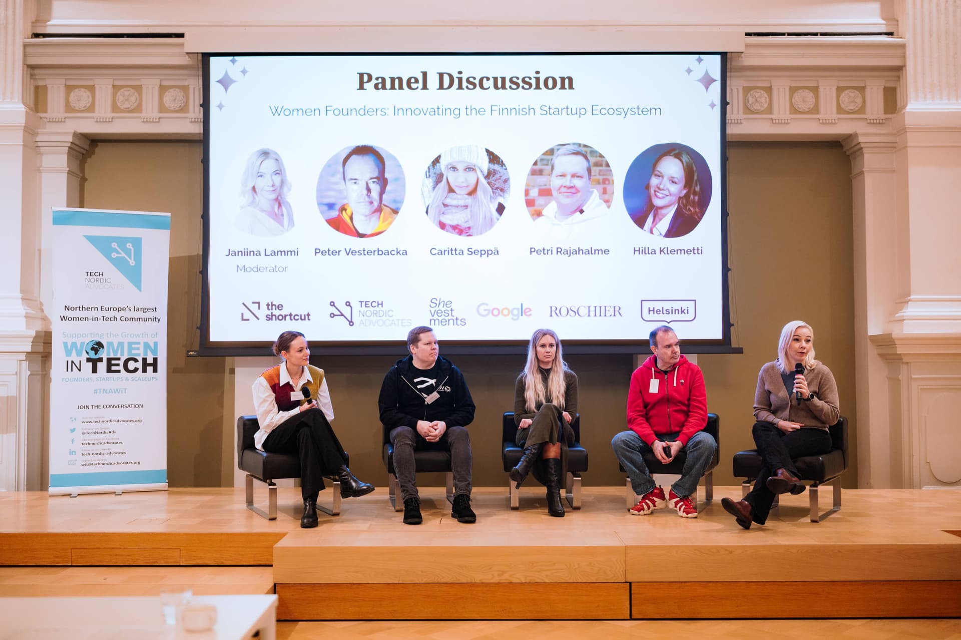 A panel discussion titled "Women Founders Innovating the Finnish Startup Ecosystem." The panel features Janiina Lammi, Peter Vesterbacka, Caritta Seppa, Petri Rajahalme, and Hilla Klemetti. The event is hosted by Women in Tech, a community for women in technology.