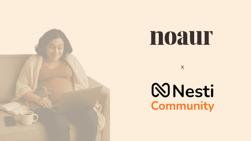 Person standing beside text 'Branded from Day 1' with a tagline 'Early-stage branding as a growth driver' and a logo reading 'noaur,' against a background of green ferns.